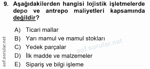 9. soru: Aşağıdakilerden hangisi lojistik işletmelerde depo ve antrepo maliyetleri kapsamında değildir? A) Ticari mallar B) Ya…