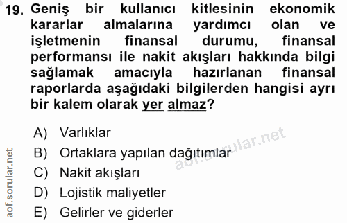 19. soru: Geniş bir kullanıcı kitlesinin ekonomik kararlar almalarına yardımcı olan ve işletmenin finansal durumu, finansal per…