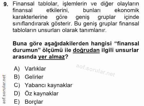9. soru: Finansal tablolar, işlemlerin ve diğer olayların finansal etkilerini, bunları ekonomik karakterlerine göre geniş grup…