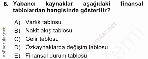 6. soru: Yabancı kaynaklar aşağıdaki finansal tablolardan hangisinde gösterilir? A) Varlık tablosu ar.ne B) Nakit akış tablosu…