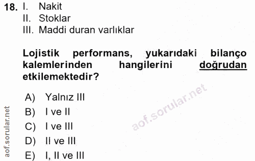 18. soru: I. Nakit Il. Stoklar III. Maddi duran varlıklar Lojistik performans, yukarıdaki bilanço kalemlerinden hangilerini doğ…