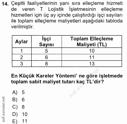 14. soru: Çeşitli faaliyetlerinin yanı sıra elleçleme hizmeti de veren T Lojistik İşletmesinin elleçleme hizmetleri için üç ay…