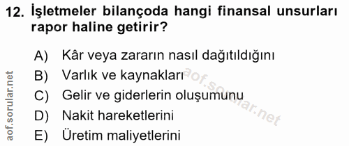 12. soru: İşletmeler bilançoda hangi finansal unsurları rapor haline getirir? A) Kâr veya zararın nasıl dağıtıldığını B) Varlık…