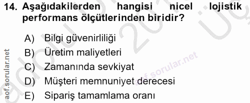 14. soru: Aşağıdakilerden hangisi nicel lojistik performans ölçütlerinden biridir? A) Bilgi güvenirliliği B) Üretim maliyetleri…