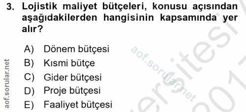 3. soru: Lojistik maliyet bütçeleri, konusu açısından aşağıdakilerden hangisinin kapsamında yer alır? A) Dönem bütçesi ites B)…