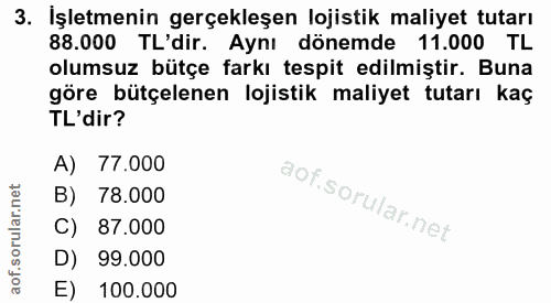 3. soru: İşletmenin gerçekleşen lojistik maliyet tutarı 88.000 TL'dir. Aynı dönemde 11.000 TL olumsuz bütçe farkı tespit edilm…