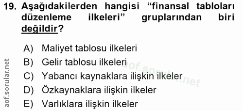 19. soru: Aşağıdakilerden hangisi "finansal tabloları düzenleme ilkeleri" gruplarından biri değildir? A) Maliyet tablosu ilkele…