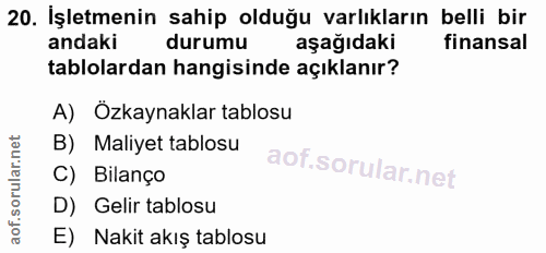20. soru: İşletmenin sahip olduğu varlıkların belli bir andaki durumu aşağıdaki finansal tablolardan hangisinde açıklanır? A) Ö…