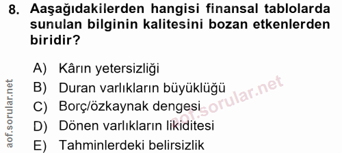 8. soru: Aşağıdakilerden hangisi finansal tablolarda sunulan bilginin kalitesini bozan etkenlerden biridir? A) Kârın yetersizl…