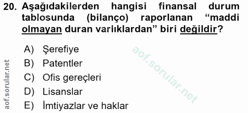 20. soru: Aşağıdakilerden hangisi finansal durum tablosunda (bilanço) raporlanan "maddi olmayan duran varlıklardan" biri değild…