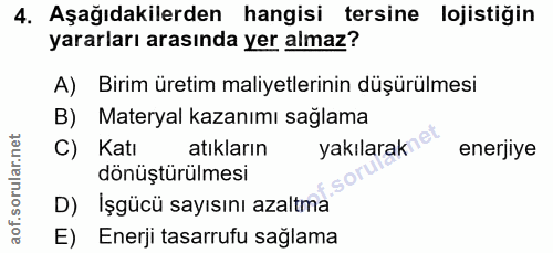4. soru: Aşağıdakilerden hangisi tersine lojistiğin yararları arasında yer almaz? A) Birim üretim maliyetlerinin düşürülmesi B…