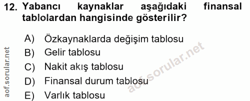 12. soru: Yabancı kaynaklar aşağıdaki finansal tablolardan hangisinde gösterilir? A) Ozkaynaklarda değişim tablosu B) Gelir tab…