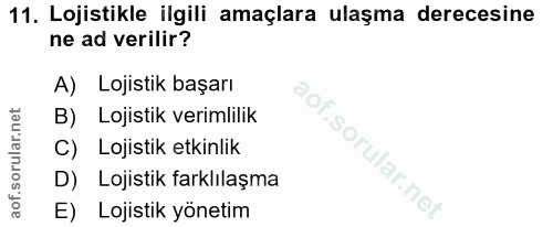 11. soru: Lojistikle ilgili amaçlara ulaşma derecesine ne ad verilir? A) Lojistik başarı B) Lojistik verimlilik C) Lojistik etk…