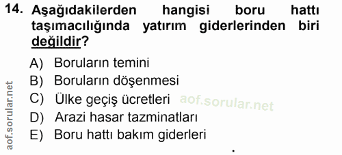 14. soru: Aşağıdakilerden hangisi boru hattı taşımacılığında yatırım giderlerinden biri değildir? A) Boruların temini B) Borula…
