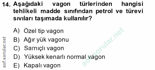 14. soru: Aşağıdaki vagon türlerinden hangisi tehlikeli madde sınıfından petrol ve türevi sıvıları taşımada kullanılır? A) Özel…