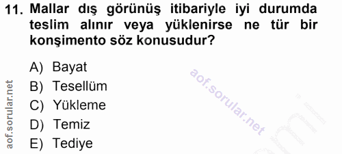 11. soru: Mallar dış görünüş itibariyle iyi durumda teslim alınır veya yüklenirse ne tür bir konşimento söz konusudur? A) Bayat…