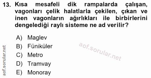 13. soru: Kısa mesafeli dik rampalarda çalışan, vagonları çelik halatlarla çekilen, çıkan ve inen vagonların ağırlıkları ile bi…