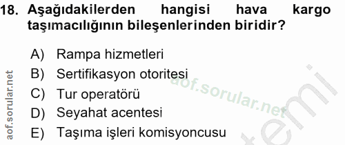 18. soru: Aşağıdakilerden hangisi hava kargo taşımacılığının bileşenlerinden biridir? A) Rampa hizmetleri B) Sertifikasyon otor…