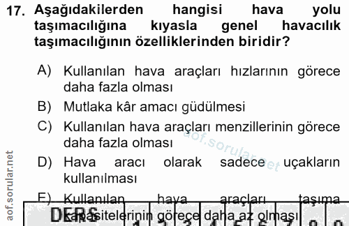 17. soru: Aşağıdakilerden hangisi hava yolu taşımacılığına kıyasla genel havacılık taşımacılığının özelliklerinden biridir? A)…
