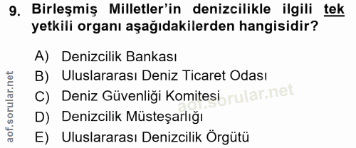 9. soru: Birleşmiş Milletler'in denizcilikle ilgili tek yetkili organı aşağıdakilerden hangisidir? A) Denizcilik Bankası B) Ul…