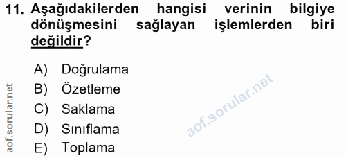 11. soru: Aşağıdakilerden hangisi verinin bilgiye dönüşmesini sağlayan işlemlerden biri değildir? A) Doğrulama B) Özetleme C) S…