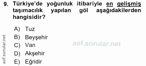 9. soru: Türkiye'de yoğunluk itibariyle en gelişmiş taşımacılık yapılan göl aşağıdakilerden hangisidir? A) Tuz B) Beyşehir C)…