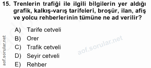 15. soru: Trenlerin trafiği ile ilgili bilgilerin yer aldığı grafik, kalkış-varış tarifeleri, broşür, ilan, afiş ve yolcu rehbe…