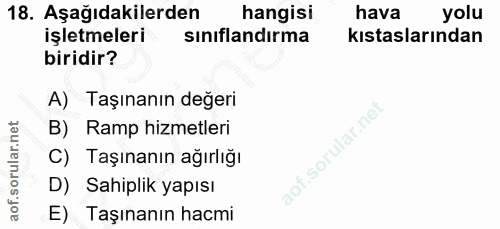 18. soru: Aşağıdakilerden hangisi hava yolu işletmeleri sınıflandırma kıstaslarından biridir? A) Taşınanın değeri B) Ramp hizme…