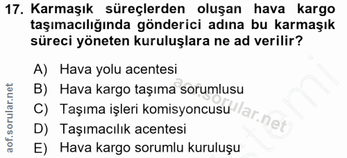 17. soru: Karmaşık süreçlerden oluşan hava kargo taşımacılığında gönderici adına bu karmaşık süreci yöneten kuruluşlara ne ad v…