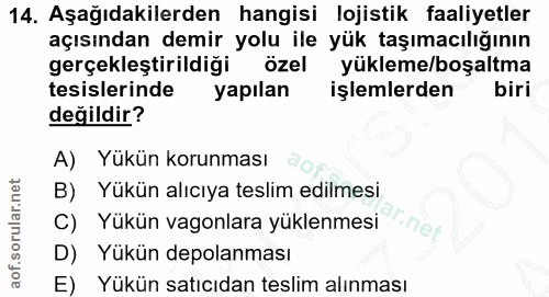14. soru: Aşağıdakilerden hangisi lojistik faaliyetler açısından demir yolu ile yük taşımacılığının gerçekleştirildiği özel yük…