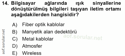 14. soru: Bilgisayar ağlarında IŞık sinyallerine dönüştürülmüş bilgileri taşıyan iletim ortamı aşağıdakilerden hangisidir? A) F…