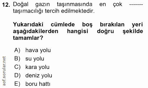12. soru: Doğal gazın taşınmasında en çok taşımacılığı tercih edilmektedir. Yukarıdaki cümlede boş bırakılan yeri aşağıdakilerd…