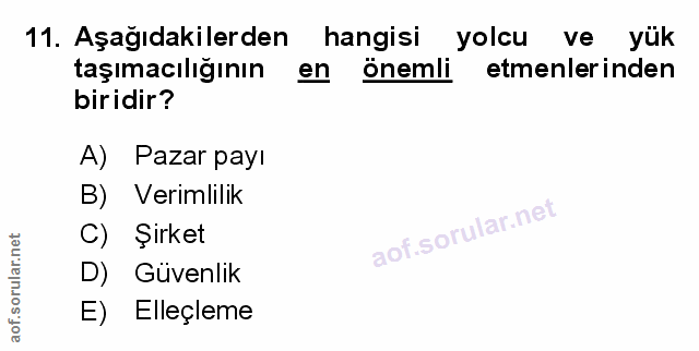 11. soru: Aşağıdakilerden hangisi yolcu ve yük taşımacılığının en önemli etmenlerinden biridir? A) Pazar payı B) Verimlilik Şir…