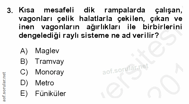 3. soru: Kısa mesafeli dik rampalarda çalışan, vagonları çelik halatlarla çekilen, çıkan ve inen vagonların ağırlıkları ile bi…
