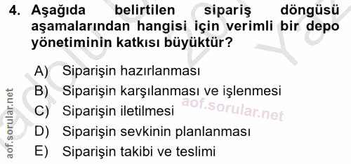 4. soru: Aşağıda belirtilen sipariş döngüsü aşamalarından hangisi için verimli bir depo yönetiminin katkısı büyüktür? A) Sipar…