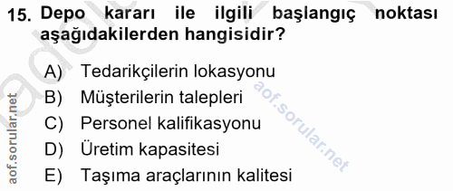 15. soru: Depo kararı ile ilgili başlangıç noktası aşağıdakilerden hangisidir? A) Tedarikçilerin lokasyonu B) Müşterilerin tale…