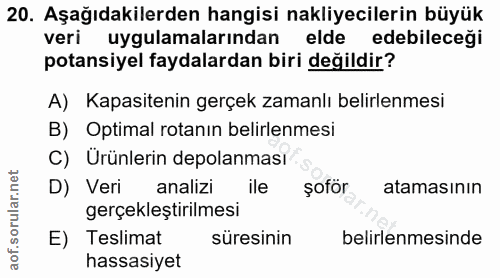 20. soru: Aşağıdakilerden hangisi nakliyecilerin büyük veri uygulamalarından elde edebileceği potansiyel faydalardan biri değil…