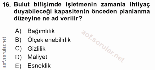 16. soru: Bulut bilişimde işletmenin zamanla ihtiyaç duyabileceği kapasitenin önceden planlanma düzeyine ne ad verilir? A) Bağı…