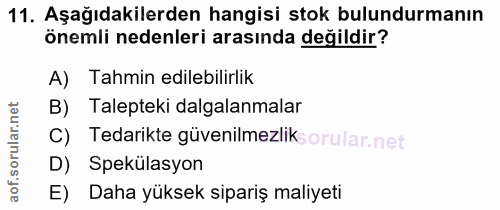 11. soru: Aşağıdakilerden hangisi stok bulundurmanın önemli nedenleri arasında değildir? A) Tahmin edilebilirlik Talepteki dalg…