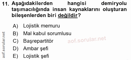 11. soru: Aşağıdakilerden hangisi demiryolu taşımacılığında insan kaynaklarını oluşturan bileşenlerden biri değildir? A) Lojist…