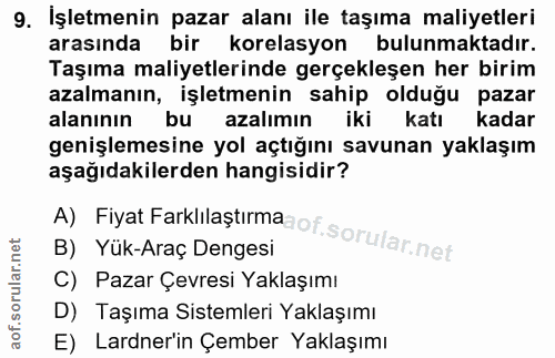 9. soru: İşletmenin pazar alanı ile taşıma maliyetleri arasında bir korelasyon bulunmaktadır. Taşıma maliyetlerinde gerçekleşe…