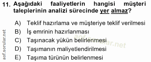 11. soru: Aşağıdaki faaliyetlerin hangisi müşteri taleplerinin analizi sürecinde yer almaz? A) Teklif hazırlama ve müşteriye te…