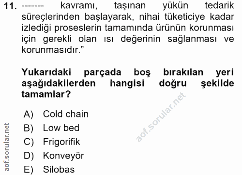 11. soru: --- kavramı, taşınan yükün tedarik süreçlerinden başlayarak, nihai tüketiciye kadar izlediği proseslerin tamamında ür…