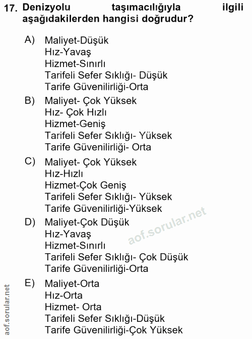 17. soru: Denizyolu taşımacılığıyla ilgili aşağıdakilerden hangisi doğrudur? A) Maliyet-Düşük Hız-Yavaş Hizmet-Sınırlı Tarifeli…