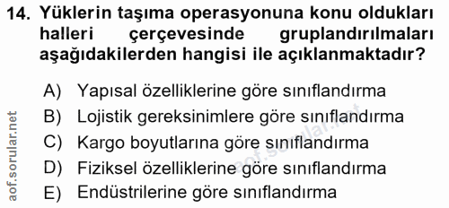 14. soru: Yüklerin taşıma operasyonuna konu oldukları halleri çerçevesinde gruplandırılmaları aşağıdakilerden hangisi ile açıkl…