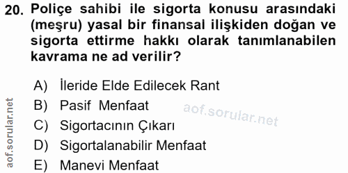 20. soru: Poliçe sahibi ile sigorta konusu arasındaki (meşru) yasal bir finansal ilişkiden doğan ve sigorta ettirme hakkı olara…