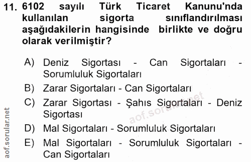 11. soru: 6102 sayılı Türk Ticaret Kanunu'nda kullanılan sigorta sınıflandırılması aşağıdakilerin hangisinde birlikte ve doğru…
