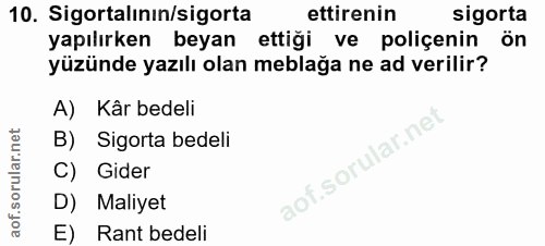 10. soru: Sigortalının/sigorta ettirenin sigorta yapılırken beyan ettiği ve poliçenin ön yüzünde yazılı olan meblağa ne ad veri…