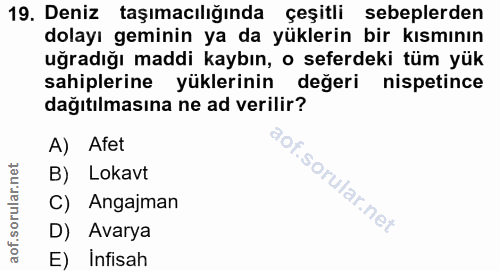 19. soru: Deniz taşımacılığında çeşitli sebeplerden dolayı geminin ya da yüklerin bir kısmının uğradığı maddi kaybın, o seferde…