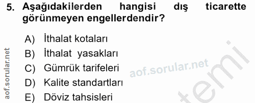 5. soru: Aşağıdakilerden hangisi dış ticarette görünmeyen engellerdendir? A) İthalat kotaları B) İthalat yasakları C) Gümrük t…